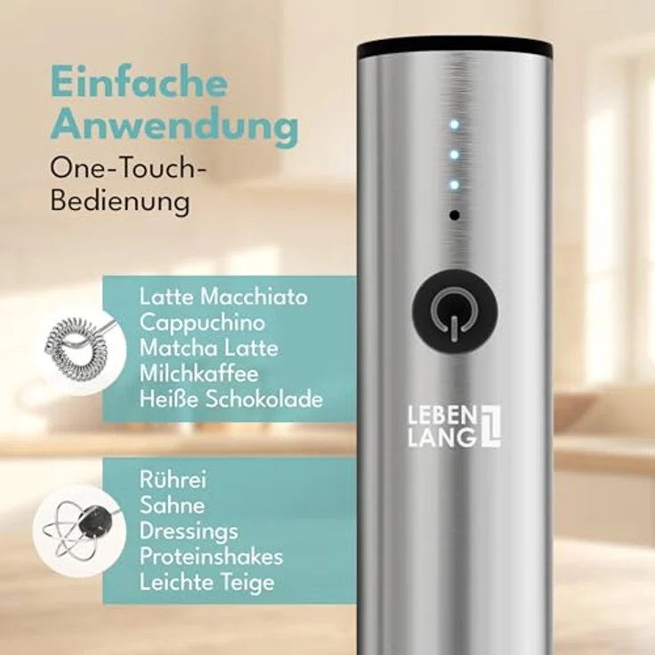 LEBENLANG Milchaufschäumer Stab, elektrisch wiederaufladbar mit USB-Anschluss, 800mAh Akku, inkl. extra Rührbesen und Ladestation, ideal für cremigen Milchschaum und vielseitige Verwendung – Bild 4