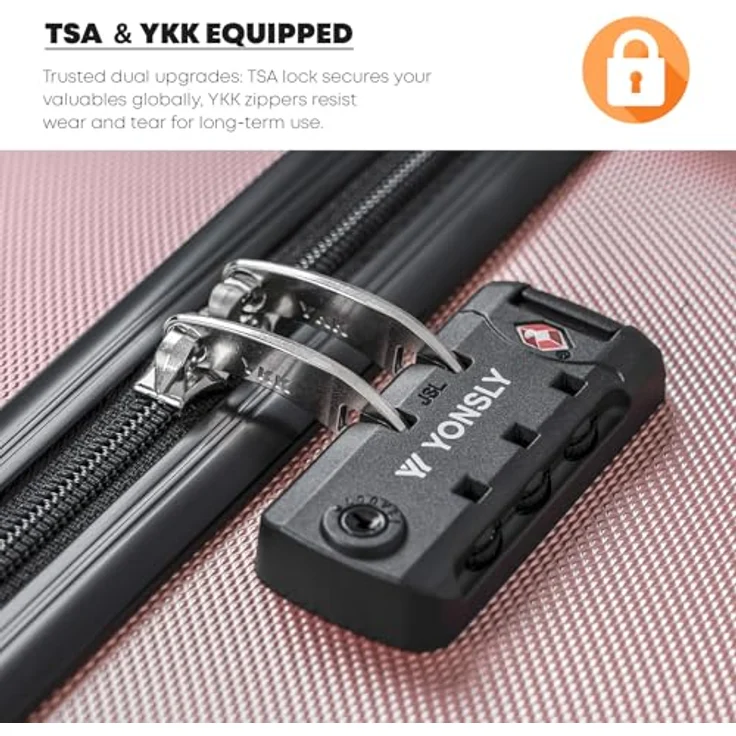 YONSLY Premium Reisekoffer Hartschale mit TSA-Schloss, YKK-Reißverschluss, 4 Leichtlaufrollen, Roségold, Größe L (66x43x26 cm) – Bild 3