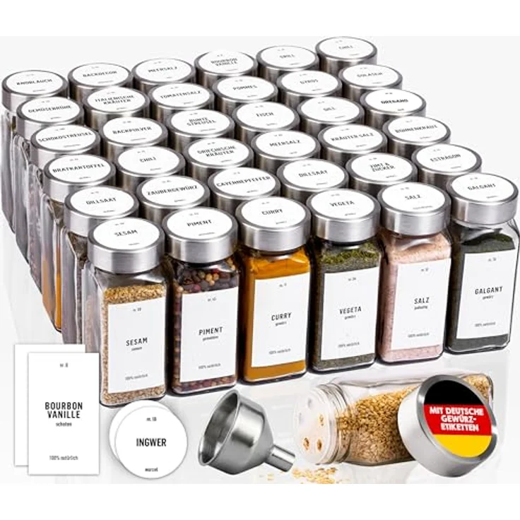 Deco haus® Gewürzgläser eckig, 36er Set aus Glas mit luftdichtem Edelstahlverschluss, inkl. Etiketten & Streueinsatz, lebensmittelecht, vielseitig einsetzbar – Bild 1