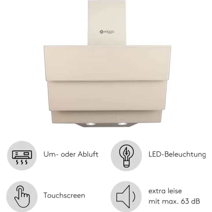 Wiggo Dunstabzugshaube 50cm kopffrei I Abluft Umluft Dunstabzug 300m³/h - LED Touch-Display 3 Stufen I Schräghaube inkl. Fettfilter & 2x Kohlefilter I Abzugshaube mit 3 teiliger Glasfront creme – Bild 2