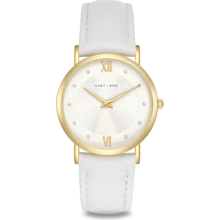 Eastside Damen Uhr 10080154, analog Quarzwerk mit weißem Echtlederarmband und Gelbgold-Gehäuse