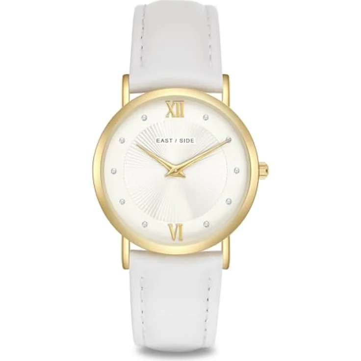 Eastside Damen Uhr 10080154, analog Quarzwerk mit weißem Echtlederarmband und Gelbgold-Gehäuse – Bild 1