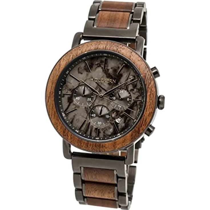 Holzkern Quarzuhr Chronograph Askja, Walnuss/Marmor, Edelstahl, 45 mm, Datumsanzeige, Stoppuhr bis 60 Minuten, spritzwassergeschützt – Bild 1
