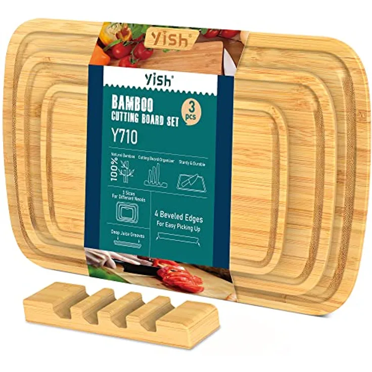 Schneidebrett Holzbrett Brettchen Bambus Küche: YISH Bambus Schneidebrett Frühstücksbrettchen Holz mit Saftrille Holzbrett Groß Massiv küchenbrett Schneidebretter 3er Set 38x25cm 33x20cm 25x15cm