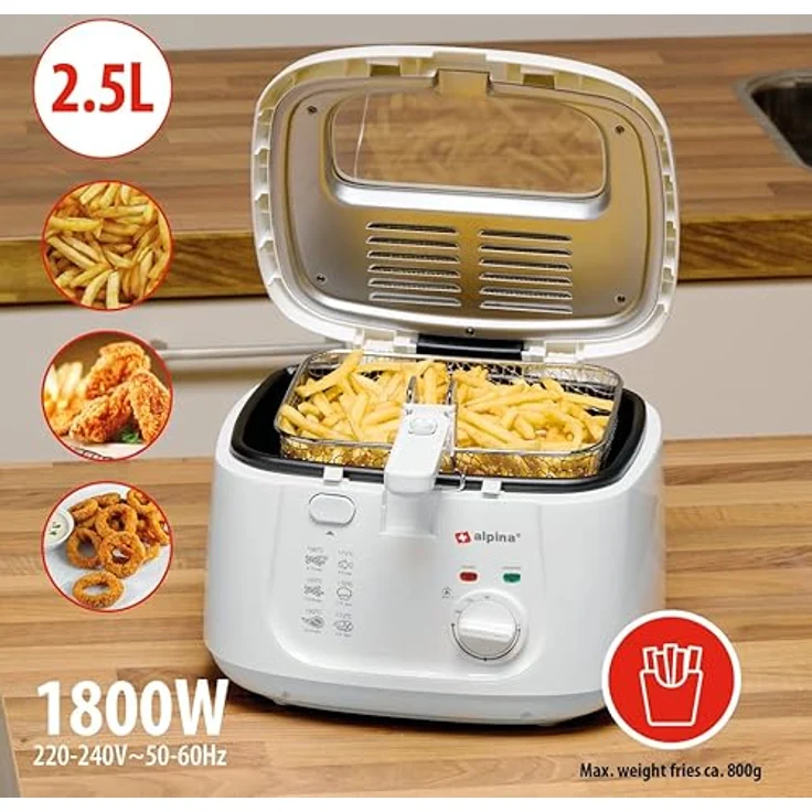 alpina Fritteuse mit Deckel – Fritteuse – 1800 Watt – 2,5 Liter – bis 190 °C – weiß – Bild 5