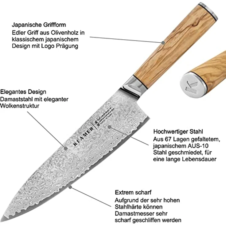 KLAMER Damast Chefmesser 20cm, extra scharfes Küchenmesser, echter japanischer Damaststahl, Fleischmesser – Bild 4