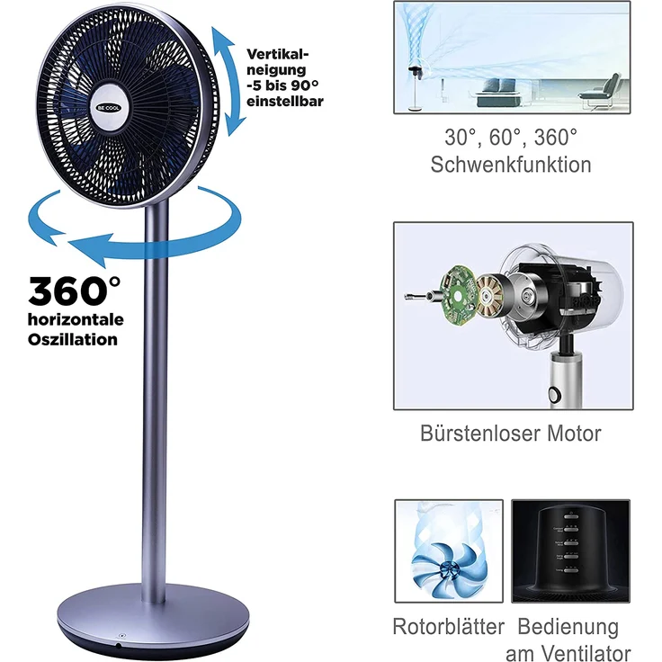 BECOOL BC31ST2005SSF Standventilator, 20 Watt, 3 Leistungsstufen, chrom – Bild 4