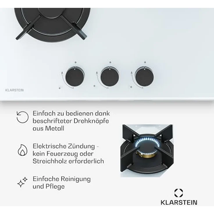 Klarstein Goldflame Gasherd, 3-Brenner Gaskochfeld mit 5800W, Glas & Messing, Flüssiggas/Erdgas, mit automatischer Zündung und Flammenausfall-Sicherung – Bild 5