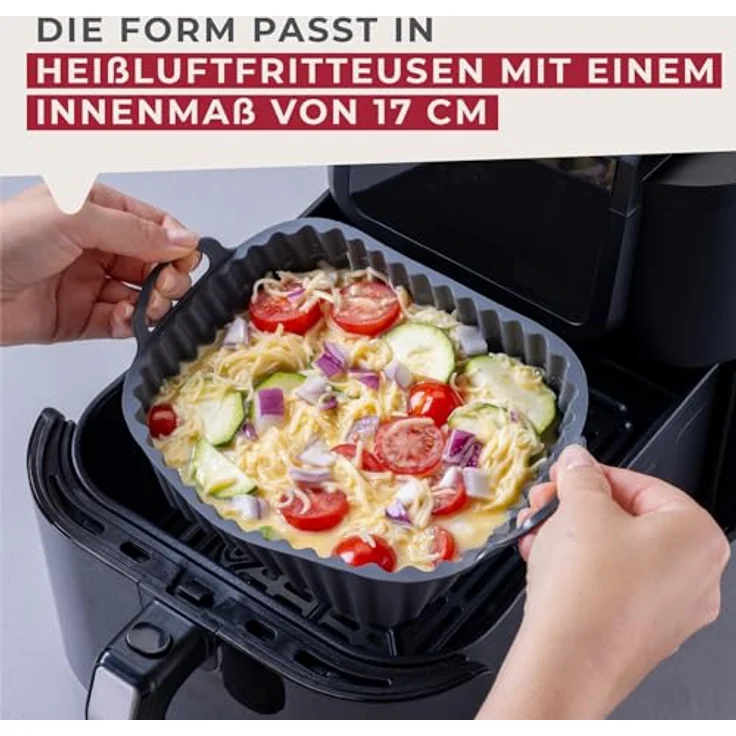 Fackelmann Silikonform für Heißluftfritteuse, 17 cm eckig, aschgrau, antihaftbeschichtet und spülmaschinengeeignet für knusprige Gerichte – Bild 4