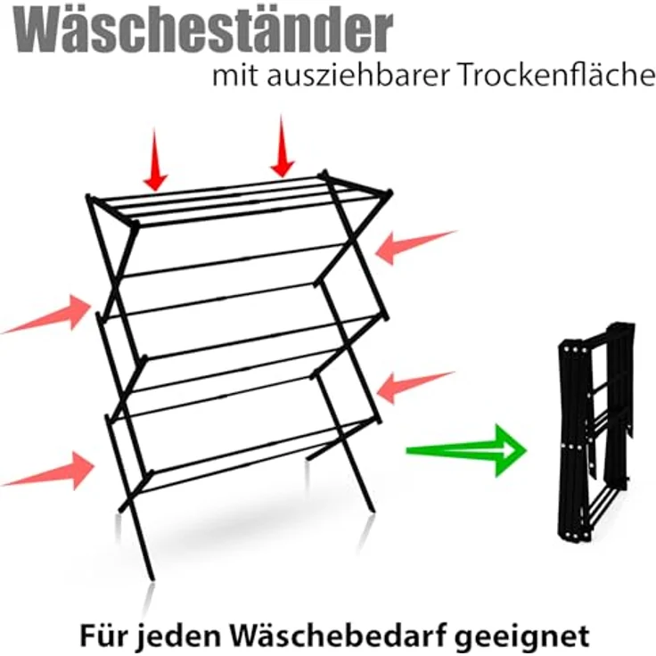 BigDean Wäscheständer platzsparend Schwarz - Teleskopfunktion & 6 Ebenen, 5 bis 10m Trockenlänge – Bild 4