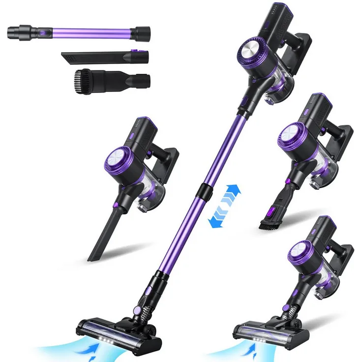CkeyiN Akku-Hand- und Stielstaubsauger 28000Pa, Kabelloser Staubsauger mit Teleskopstange, Anti-Tangle-Bürste, 250 W, max. 45 Min Laufzeit, lila, LED-Leuchte