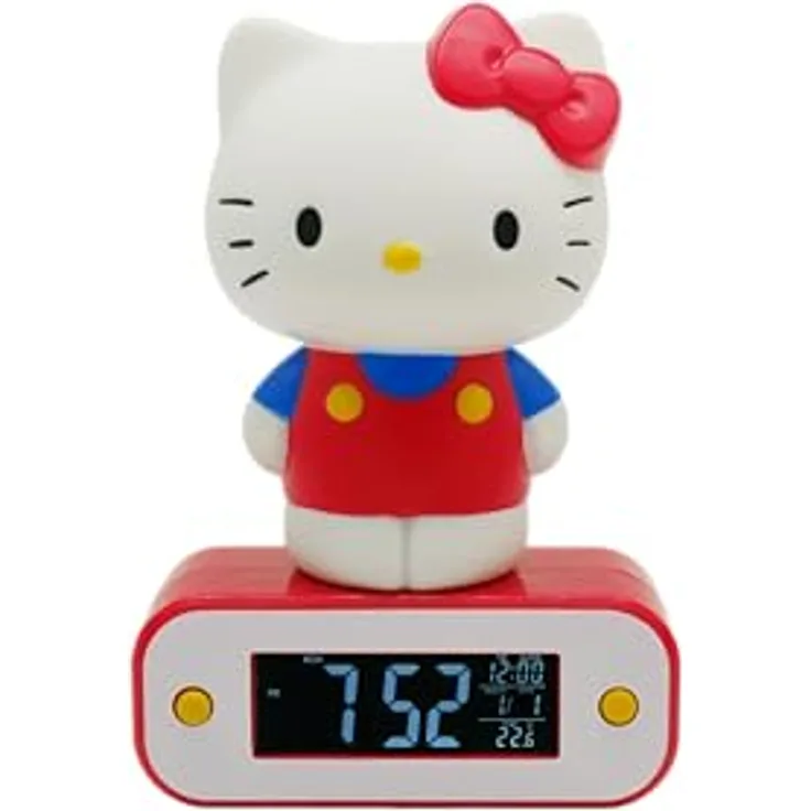 TEKNOFUN Kitty Wecker mit 3D-Figur, beleuchtet in Rot, digitale Anzeige von Uhrzeit und Temperatur