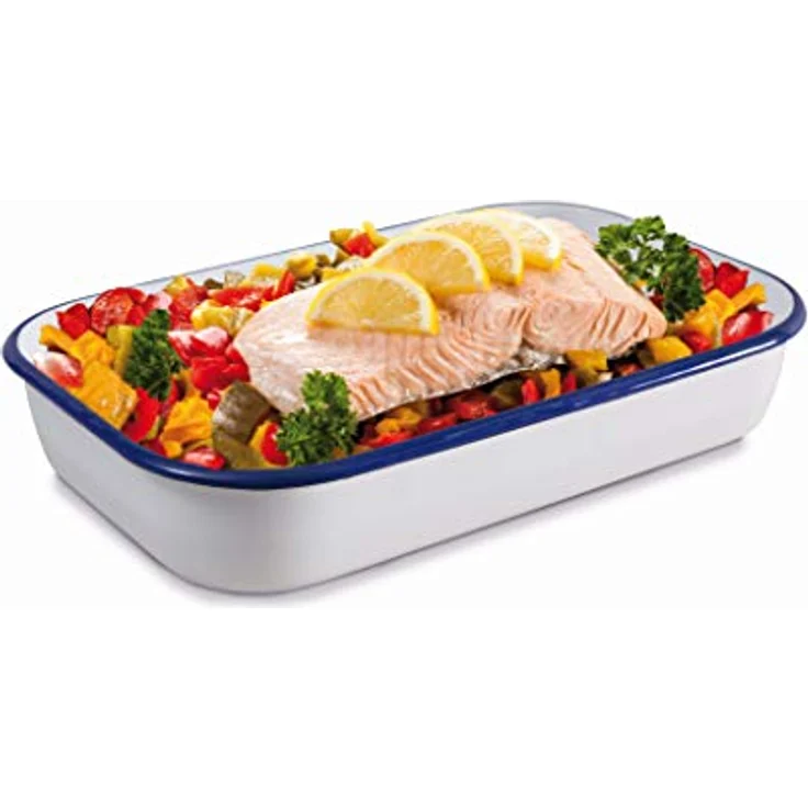 Karl Krüger 14136-B Brat-Back-und Lasagneform Husum 36 cm Auflauf, Backform, weiß mit blauem rand, 36 x 23 x 7 cm – Bild 2