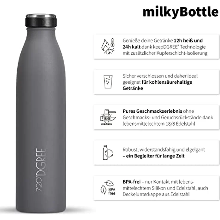 720°DGREE Edelstahl Trinkflasche “milkyBottle”, 750ml, BPA-frei, auslaufsicher, kohlensäuregeeignet, Thermosflasche für Sport, Uni, Schule, Fitness, Outdoor, Camping – Bild 2