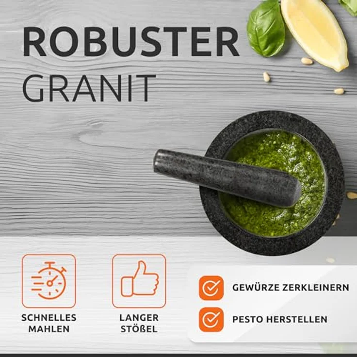 ECENCE Granitmörser mit Stößel aus Akazienholz Ø11cm, Küchenmörser für optimales Mahl-Ergebnis, naturbelassenes Design – Bild 4