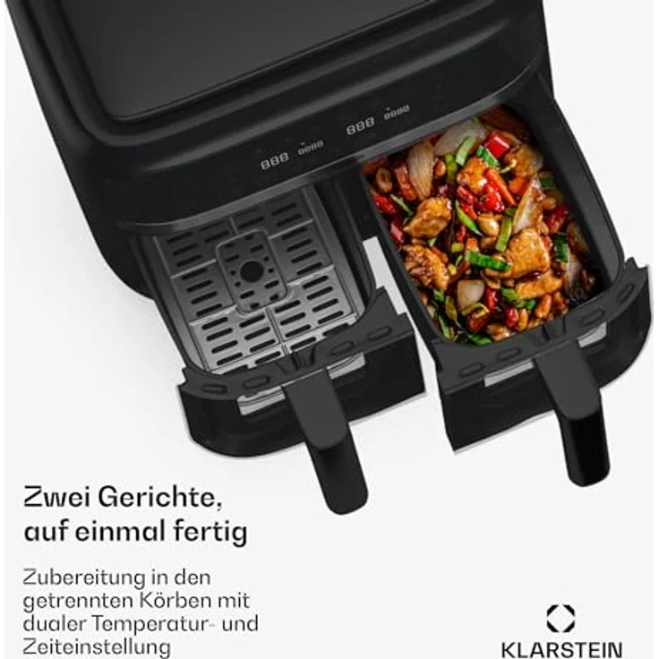 Klarstein VitaFry Duo Skylight Doppel-Heißluftfritteuse, 2850W, 7,6L, Touch-Bedienfeld, 6 Modi, XL, schwarz – Bild 4