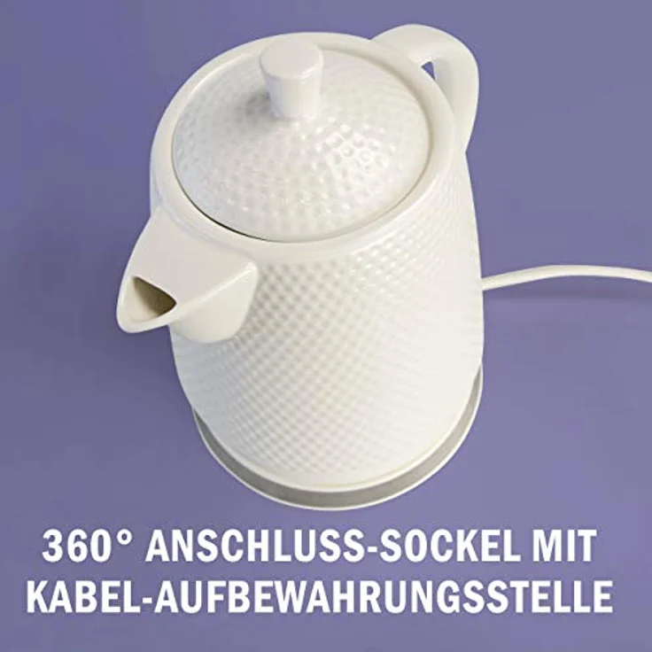 Kvota Elektrischer Wasserkocher aus Keramik, Füllmenge 1,5 L, abnehmbarer Deckel, weiß - Teekessel im weißen retro Noppen-Design, elektrischer Tee-Kessel aus Porzellan, Vintage-Geschenkidee - Preisvergleich – Bild 5