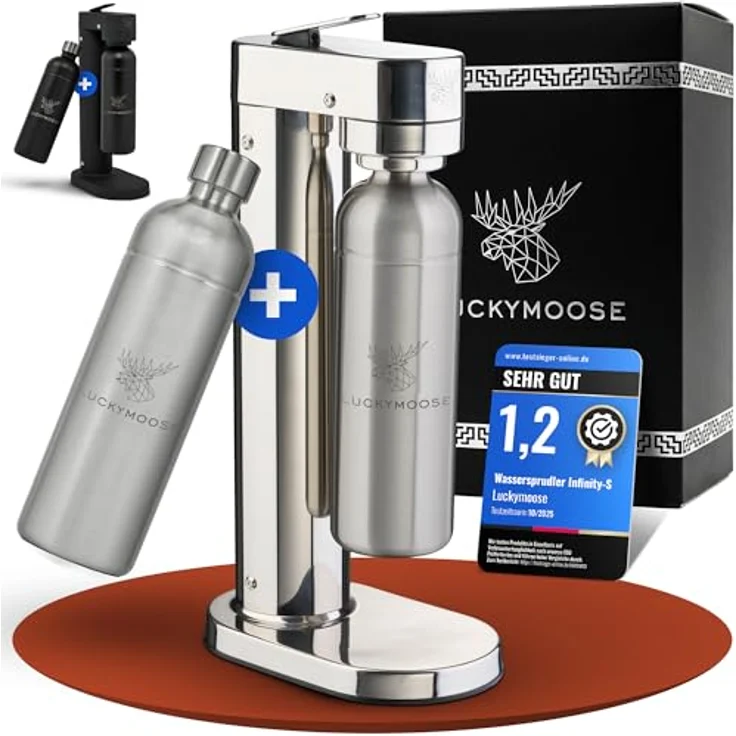 Luckymoose Infinity-S Wassersprudler aus Edelstahl (Silver/Silver) – inkl. 2x 1,25L Edelstahlflaschen, stufenlose CO₂-Regulierung, hygienische herausnehmbare Düse – Bild 1