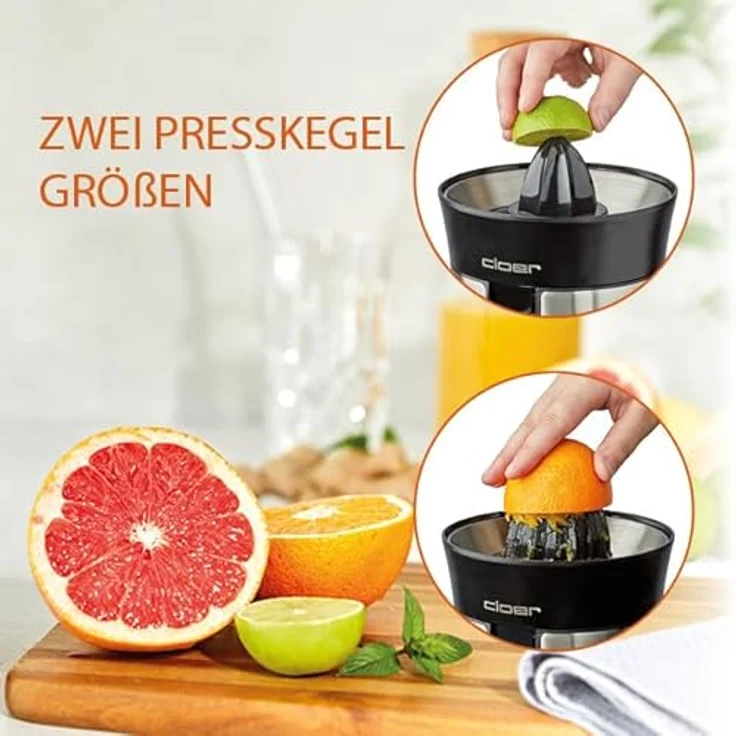 Cloer 6815 Zitruspresse und Orangenpresse, 2-in-1 Saftpresse, elektrisch, mit Tropf-Stopp, automatische Abschaltung, rutschfest, spülmaschinenfest, 100 W, Edelstahl – Bild 4