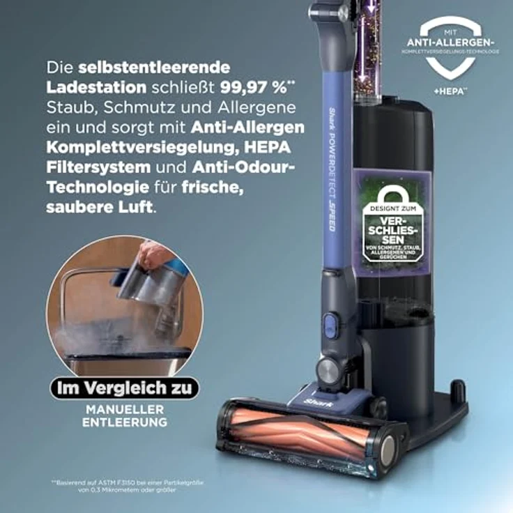 Shark PowerDetect Speed IA3241EUT Akku-Staubsauger, 350 Watt, 60 Min. Laufzeit, beutellos, HEPA-Filter, Lithium-Ionen, blau – Bild 5