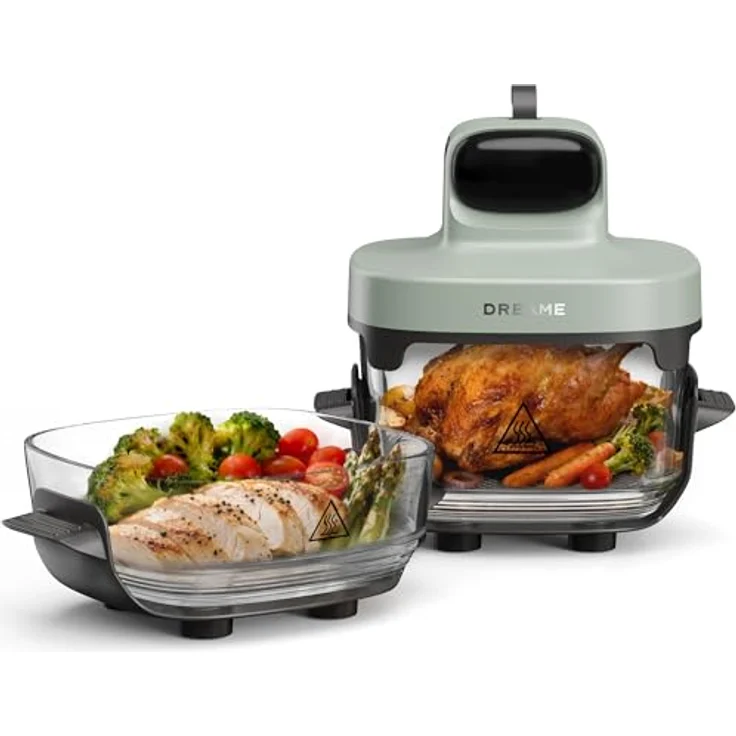 dreame Tasti AirFryer 5-in-1, tragbare Glas-Heißluftfritteuse mit 2 Behältern (2,5 L + 4,5 L), 3D-Heißluft-Technologie, spülmaschinengeeignet, 360°-Panorama-Ansicht, 6 mm Borosilikatglas – Bild 1