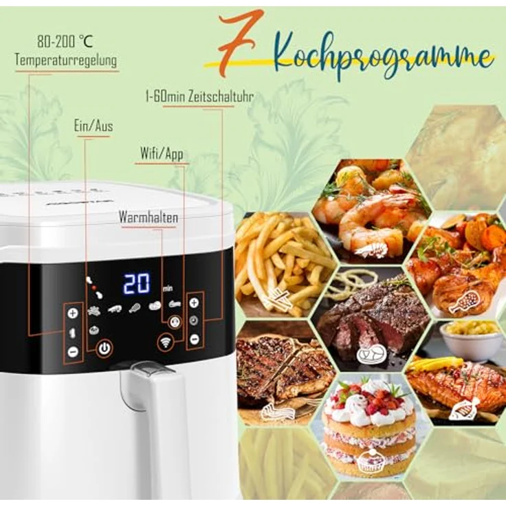 Aigostar White Cube, Smart Heißluftfritteuse 7L XXL, 1900W, APP-Steuerung, 7 Programme, Digitaler LED-Touchscreen, für 6-10 Personen – Bild 4