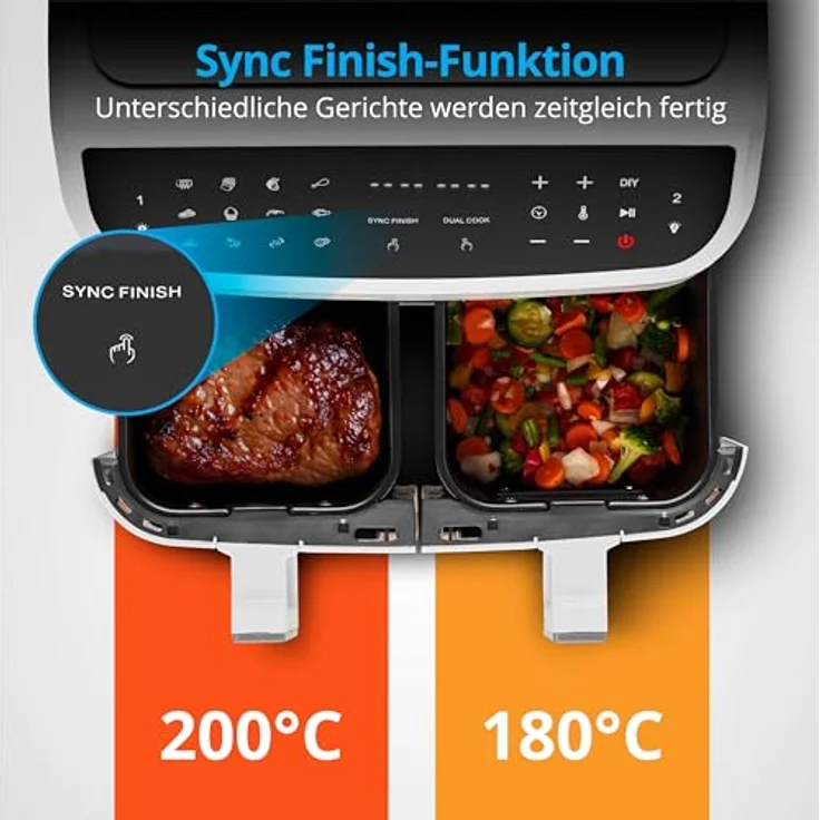 MEDION P20 XXL Heißluftfritteuse mit 2 Kammern (8,7 Liter, 2.600 Watt, Doppelkammer, 9 Automatikprogramme, 2 Schubladen, Sichtfenster, Dualer Airfryer, Dual Cook & Sync-Finish Funktion) – Bild 4