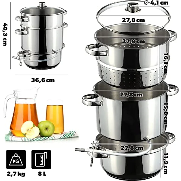 KADAX Dampfentsafter Ruka 8L, Edelstahl mit Glasdeckel, spülmaschinengeeignet, für alle Herdarten, induktionsgeeignet, Silber – Bild 2