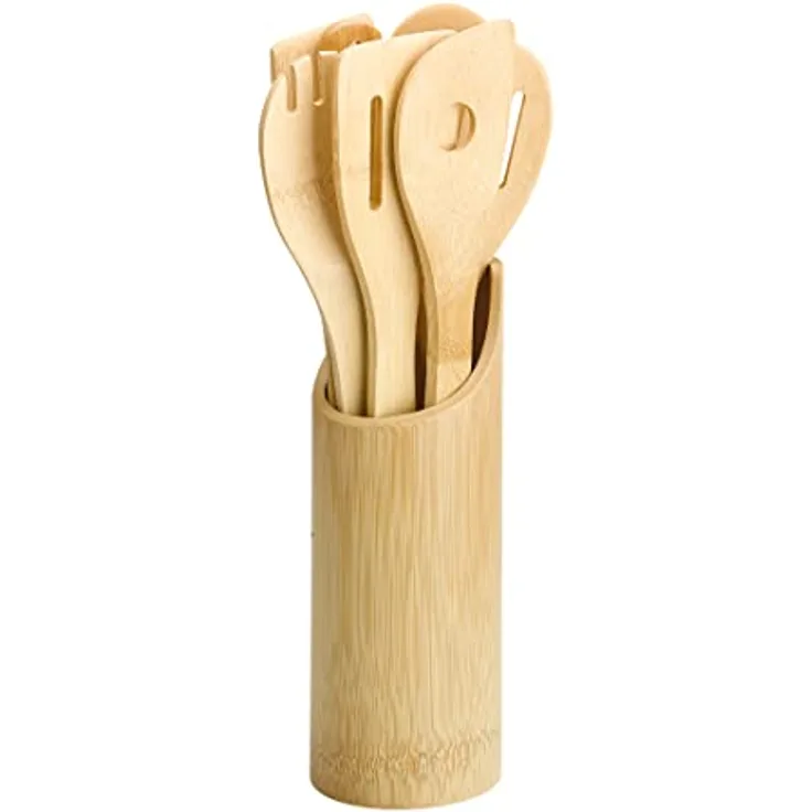 Zassenhaus Küchenhelfer-Set aus Bambus | 7-teilig | inklusive Ständer aus Bambusrohr | 32 cm | Salatbesteck, Kochlöffel, Pfannenwender, Wender, Kochlöffel mit Loch, Zange | Küchenutensilien Set