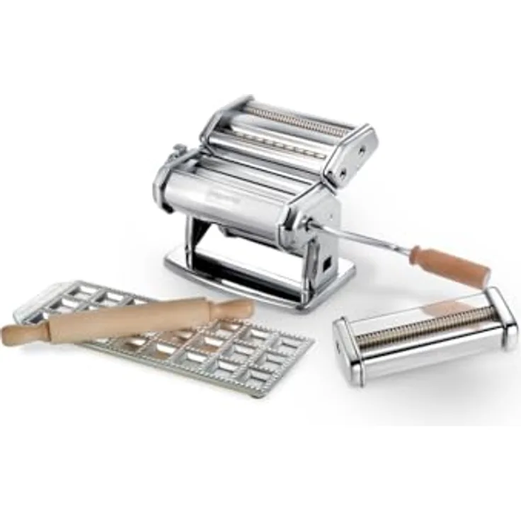 Imperia IPasta Fettuccine & Tagliolini 2/6,5 mm, Simplex Spaghetti (Ø2 mm) + Raviolamp 24 klassische Ravioli, hochwertige Nudelmaschine