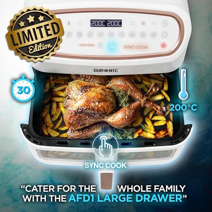 Duronic AF34 WE Heißluftfriteuse, XXL Heißluftfritteuse mit 2 Kammern für Pommes, 10L Volumen Airfryer - Weiß – Bild 2
