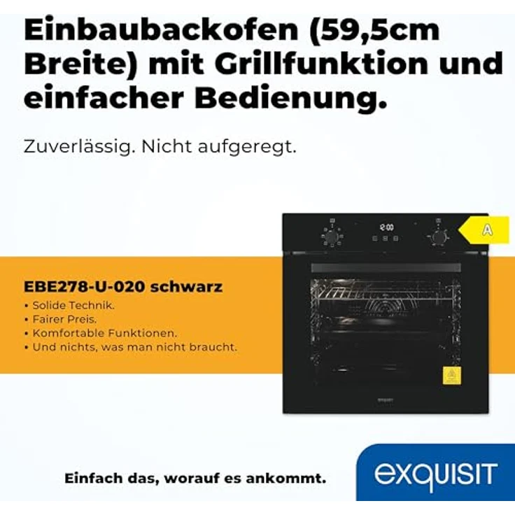 Exquisit Einbaubackofen EBE278-U-020 schwarz | EEK: A | 76 l Garraum | Timer | Seitengitter | 60cm Breite – Bild 2