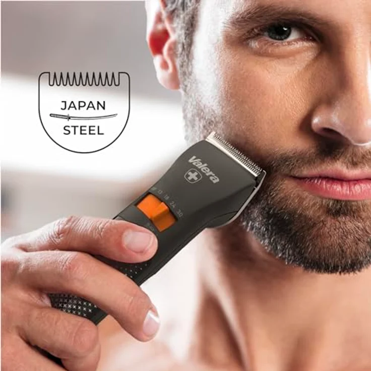 Valera, Swiss Excellence Smart, Haarschneider mit 46 mm Durablade-Klingen, 5 Schnittlängen, 6 Abstandskämme, kabelloser Betrieb oder mit Netzteil, inklusive Batterie, 100-240 V, Schwarz – Bild 4