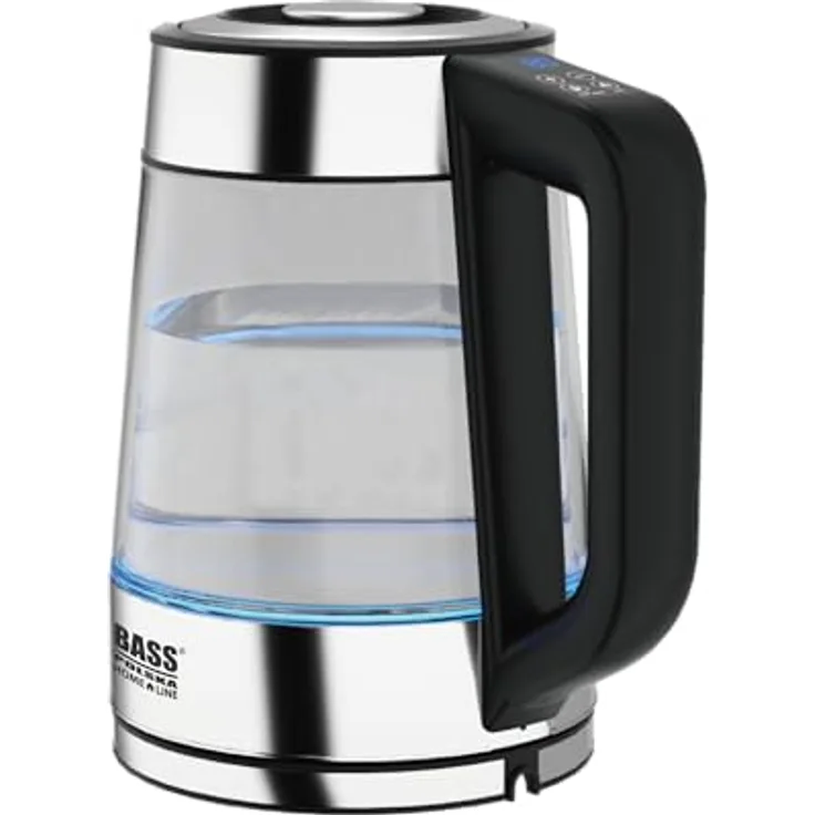 BASS POLSKA Wasserkocher aus Glas, Temperaturregelung von 40 bis 100 °C, Warmhaltefunktion, BPA-frei, 1,7l, 1850-2200W, mit farbwechselnden LEDs