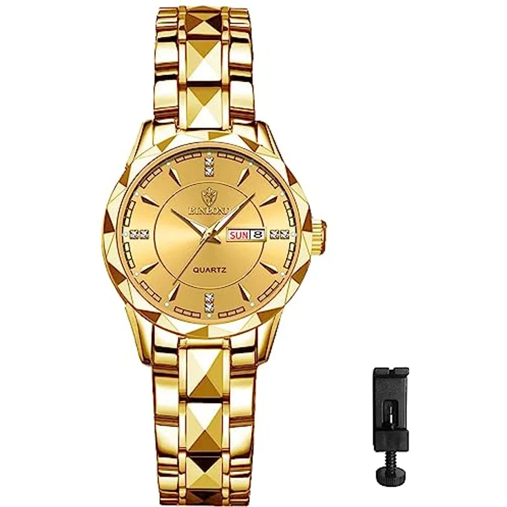 JewelryWe Damenuhr Edelstahl, Gold Analog Quarz Armbanduhr mit leuchtenden Zeigern, Datum und Kalender, 30m wasserdicht für Frauen und Mädchen – Bild 5