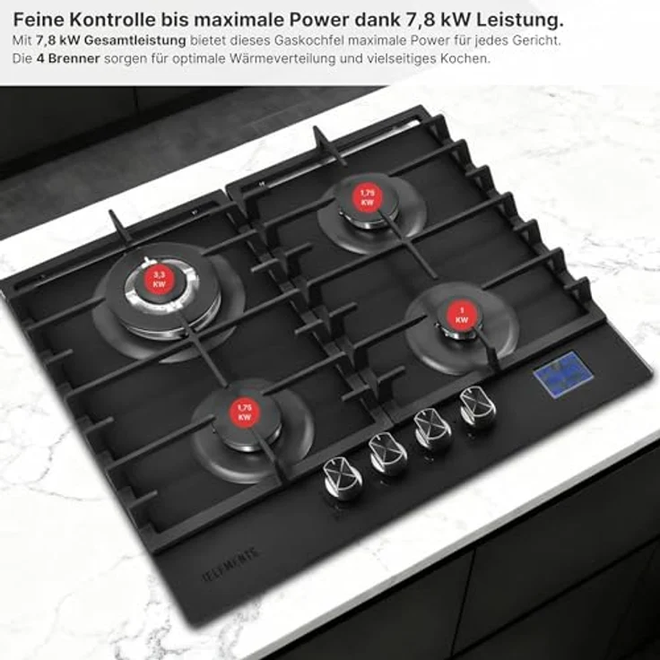 KB ELEMENTS Gasherd 4 Flammig, Einbau-Gaskocher mit digitalem Gas-Stop-Timer, Matt Schwarz, für Propan- und Erdgas, inkl. Wok Brenner und Gusseisenrost – Bild 3