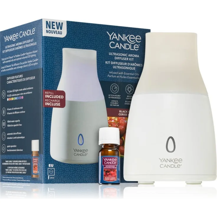 Yankee Candle Ultrasonic Electric Diffuser Kit, Aroma Diffuser in Schwarz mit 10 ml Black Cherry Duftöl