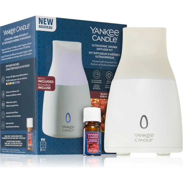 Yankee Candle Ultrasonic Electric Diffuser Kit, Aroma Diffuser in Schwarz mit 10 ml Black Cherry Duftöl