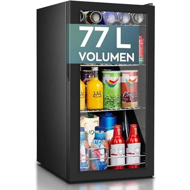 Heinrich's Mini Kühlschrank mit Glastür, 74 Liter, leise 40 dB, LED-Beleuchtung, Temperatur 5-18°C, ideal für Büro und Camping, schwarzes Design