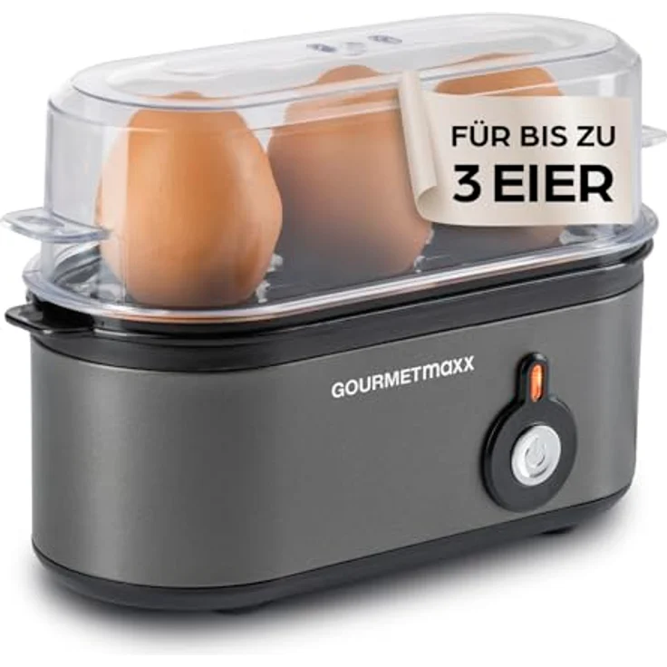 GOURMETmaxx Eierkocher für 3 Eier, kompakter Egg Boiler mit 3 Härtegraden, Eierstecher und spülmaschinenfesten Teilen, Anthrazit – Bild 1