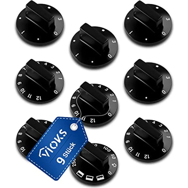 VIOKS Drehknopf Herd Knebel 52mmØ Set - 9x Herd Knopf Schwarz & Herd Ersatzteile Drehknopf 6mm Achse - Knöpfe & Schalter für Backöfen & Herde – Bild 1