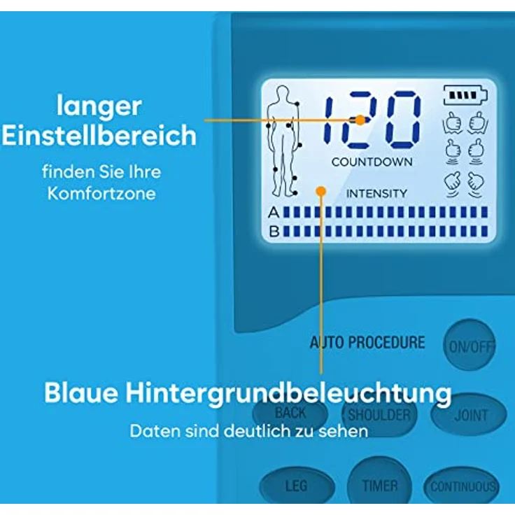 Easy@Home TENS-Gerät Schmerztherapie: 2 unabhängige Kanäle wiederaufladbares Reizstromgerät Elektrostimulationsgerät mit hintergrundbeleuchtetem LCD-Display & leistungsstarker Pulsintensität - PL-029V – Bild 5
