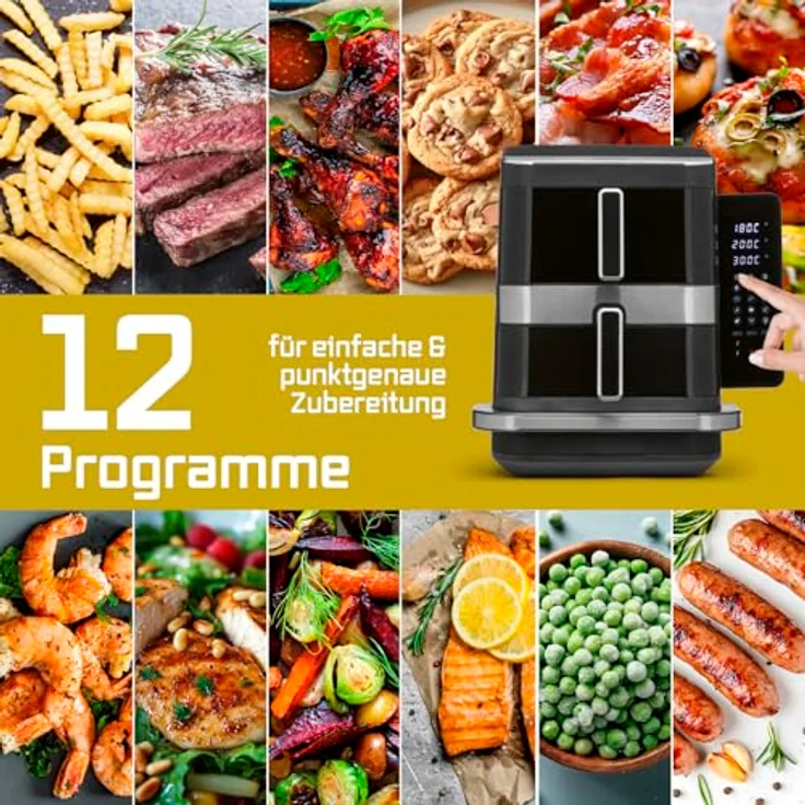 GOURMETmaxx Heißluft-Fritteuse FryUp3, 2800W, schwarz, vertikal, Doppelkorb 4l + 6l, Pizzafach, 12 Programme, 13,4l Volumen – Bild 11