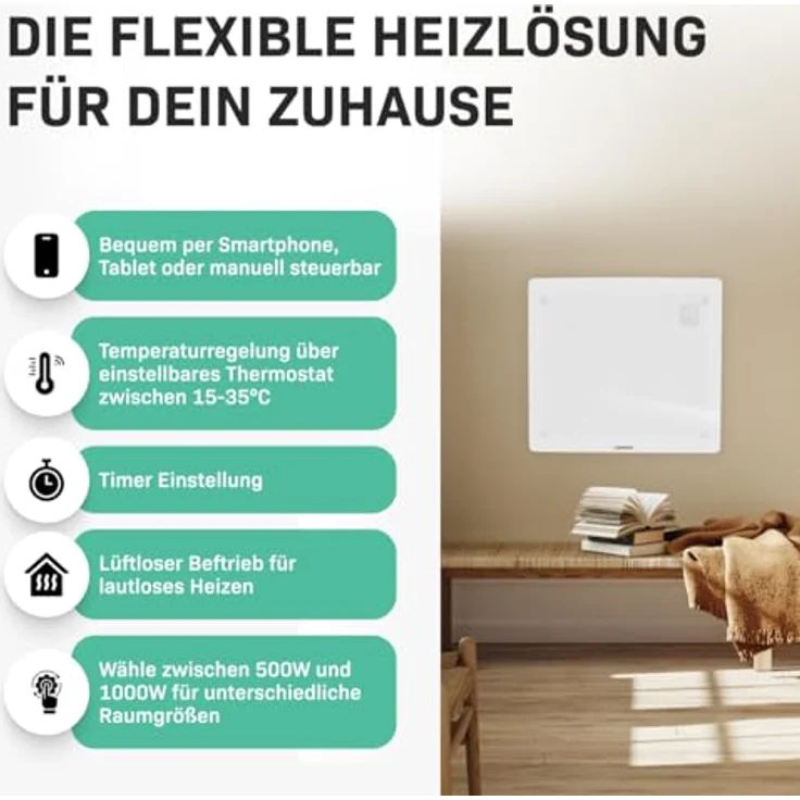 VONROC Elektroheizung, Konvektor-Heizung - Energiesparende elektrische Heizung bis 12m2 - Wand-/Bodenmontage - 2 Stufen 500W & 1000W, Manuelle/App Steuerung - weiß – Bild 3