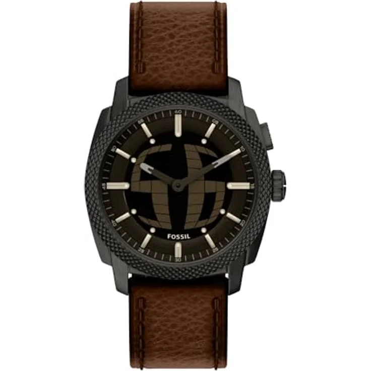Fossil Machine Uhr für Herren, 41-mm Ana-Digi-Bigtic-Uhrwerk, schwarzes Edelstahlgehäuse, braunes Lederarmband, wasserdicht bis 50 m – Bild 1