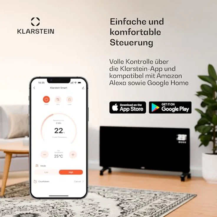 Klarstein Infrarotheizung 480W – Wandmontage & Standgerät, Thermostat, App-Steuerung, IP43, Überhitzungsschutz, Glas-Design, Weiß – Bild 2