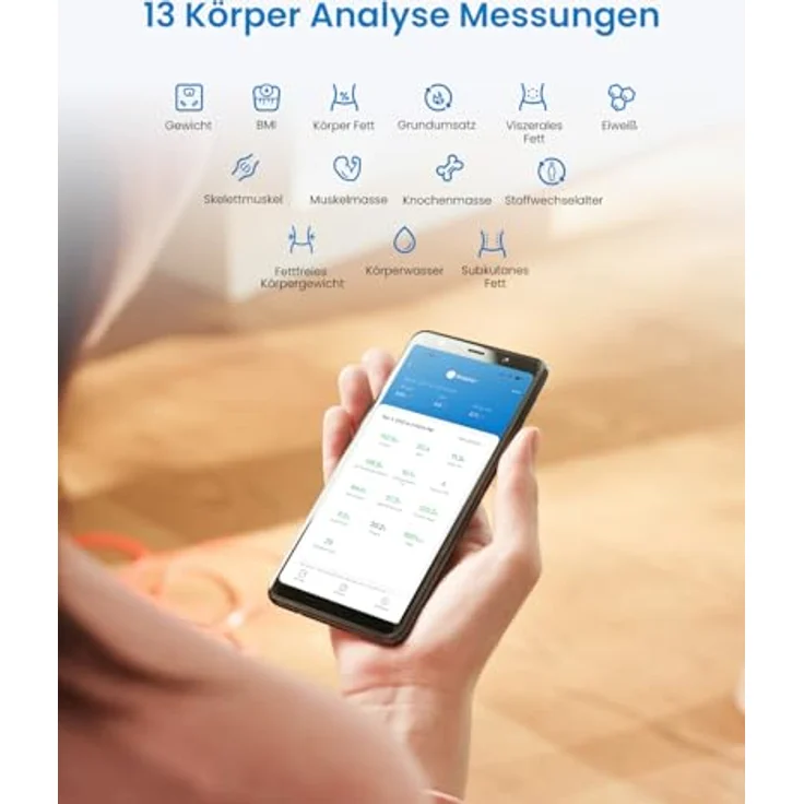 RENPHO Elis Solar 2 Smart Körperwaage – Solarbetriebenes Körperanalysegerät mit WiFi & Bluetooth, 13 Messwerte, App-Integration, ITO-Beschichtetes Glas – Bild 3