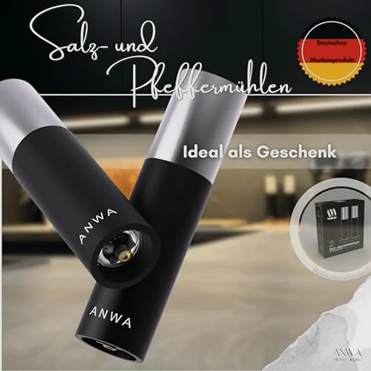 ANWA Salz-/Pfeffermühle Set, Gewürzmühlen aus Akazienholz mit Keramik Mahlwerk, manuell, 20,5 cm, FSC-zertifiziert, inklusive Untersetzer und Löffel, modern schwarz – Bild 6