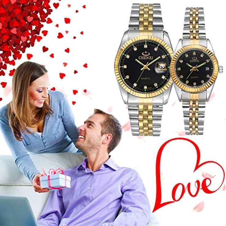 JewelryWe 1 Paar analoge Quarzuhren mit Kalender, 30 m wasserdicht, Edelstahlarmband, Strass-Zifferblatt, Schwarz, für Damen und Herren – Bild 3