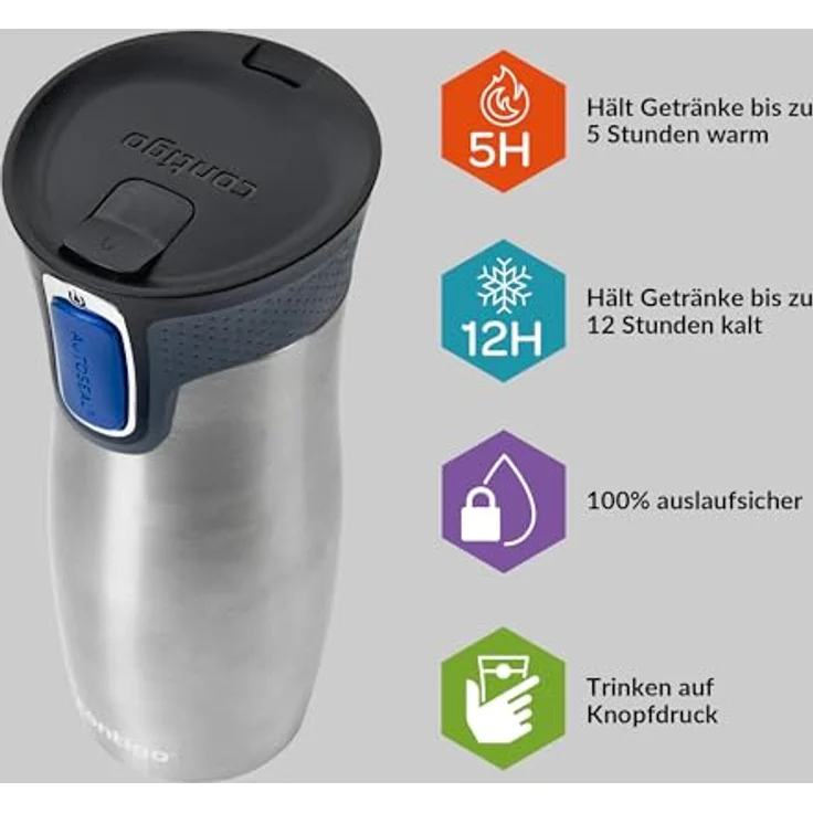 Contigo Thermobecher West Loop Autoseal, Edelstahl Isolierbecher, Kaffebecher to go, auslaufsicher, spülmaschinenfester Deckel BPA-frei, 470 ml , Stainless Steel , 470 ml – Bild 3